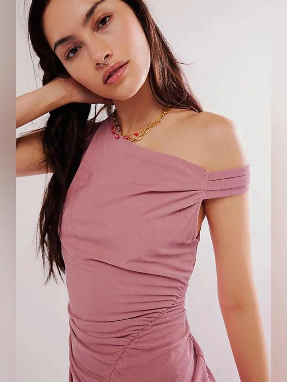 Free People Madeline Mauve Pink Ribbed Ruched Mini Dress